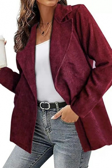 Casual Women Pure Color Fitted Long-Sleeved Lapel Collar Open Front Corduroy Jacket