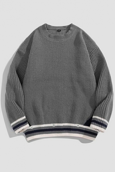 Guy's Urban Sweater Striped Print Long Sleeve Round Neck Loose Fitted Pullover Sweater