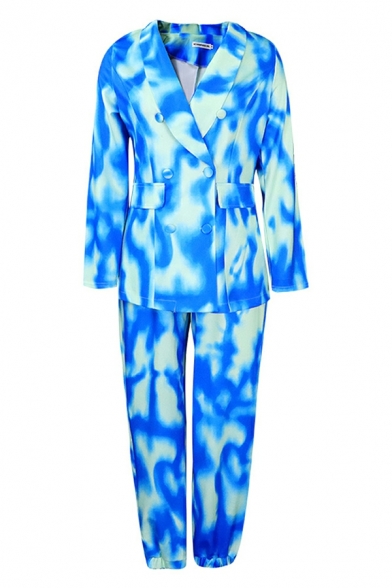 Pop Women Tie Dyed Print Shawl Collar Long-sleeved Double Breasted Blazer & Pants Co-ords