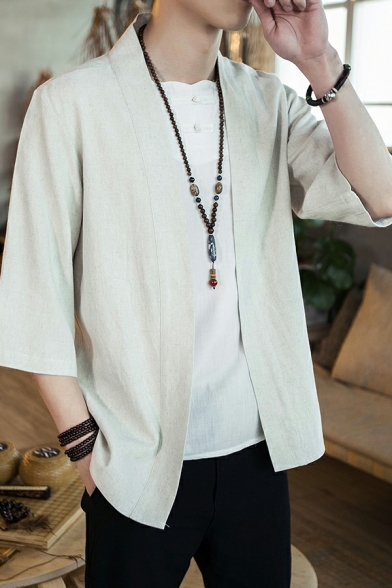 Simple Mens Whole Colored Half-Sleeved Waterfall Collar Regular Fit Open Front Jacket