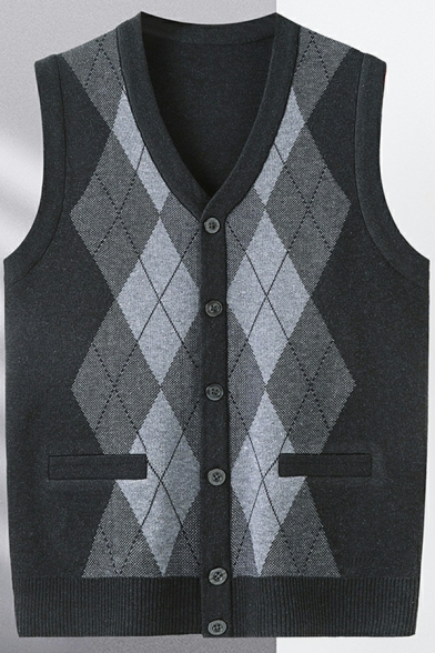 Unique Mens Plaid Printed Relaxed Pocket Rib Hem V-Neck Sleeveless Knitted Vest
