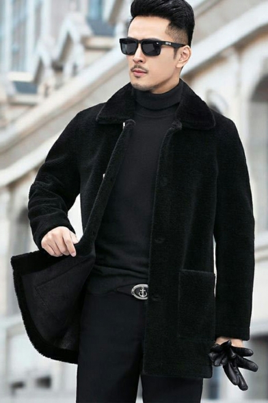 Urban Mens Solid Pocket Spread Collar Long Sleeve Fitted Button Closure Leather Fur Jacket