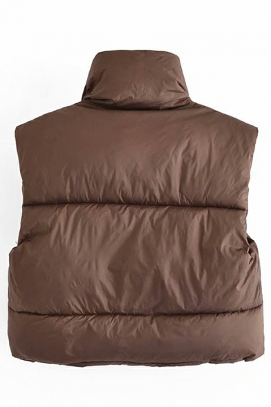 Women Novelty Solid Color Pocket Stand Collar Sleeveless Regular Zip down Crop Vest