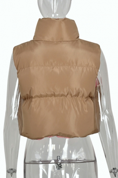 Basic Contrast Color Stand Collar Pocket Decoration Zip Fly Crop Vest for Women