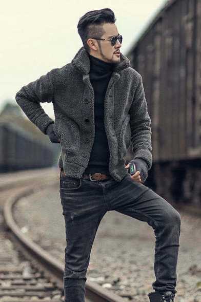 Elegant Guy's Whole Colored Pocket Stand Collar Fitted Single Breasted Leather Fur Jacket