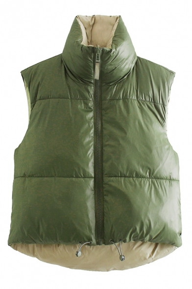 Fashion Plain Stand Neck Pocket Detailed Regular Zip Closure Crop Vest for Girls