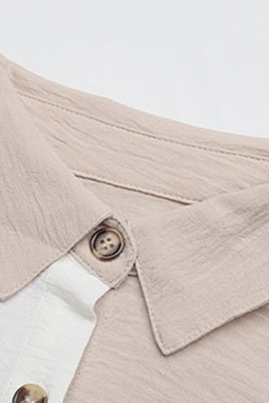 Girls Street Look Shirt Contrast Stitching Long Sleeve Turn-down Collar Button Fly Shirt