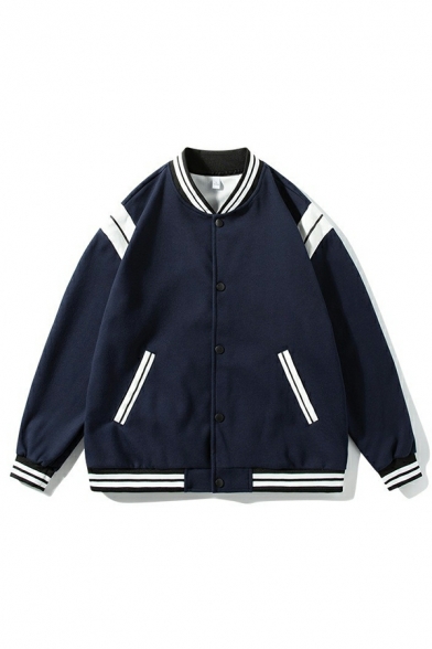 Guy's Chic Contrast Color Pocket Long-Sleeved Loose Stand Collar Button-up Baseball Jacket