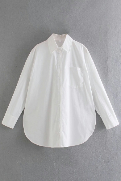 Ladies Dashing Shirt Solid Pocket Turn-down Collar Relaxed Long Sleeve Button Up Shirt
