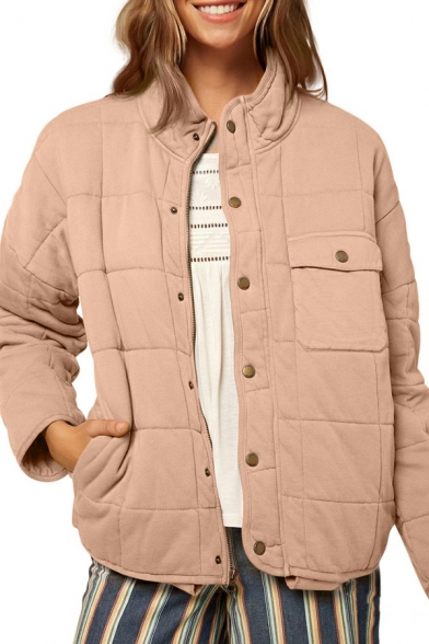 Ladies Leisure Jacket Crew Collar Plain Flap Pocket Long-sleeved Fitted Button-up Jacket