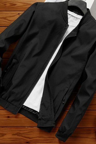 Novelty Contrast Trim Pocket Stand Neck Fitted Long Sleeve Zipper Baseball Jacket for Men