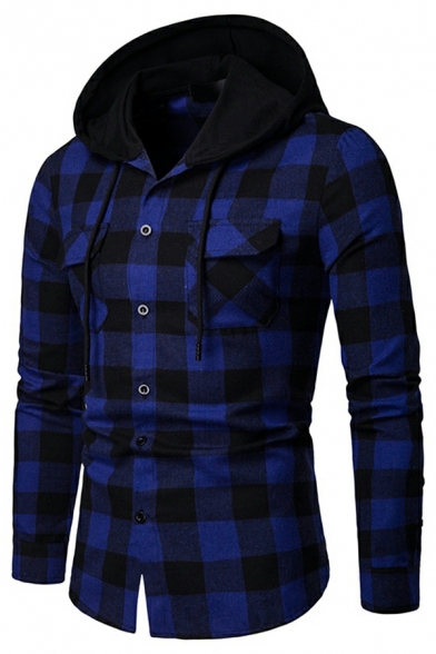 Popular Guy's Checked Pattern Chest Pocket Long Sleeves Hooded Skinny Button Down Jacket