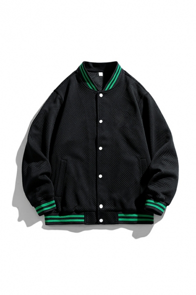 Retro Men Stripe Pattern Rib Hem Stand Collar Pocket Baggy Button Fly Baseball Jacket