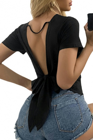 Women Dashing Whole Colored Backless Short Sleeve Crew Neck Bow Detail T-shirt