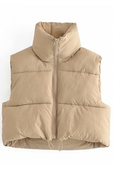 Women Novelty Solid Color Pocket Stand Collar Sleeveless Regular Zip down Crop Vest