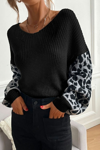 Casual Womens Leopard Print Round Neck Long Sleeve Loose Fit Knitted Top