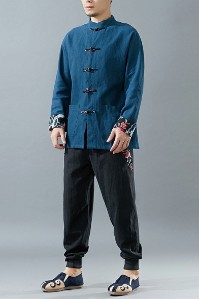 Cool Guys Floral Printed Long Sleeve Stand Collar Regular Fitted Button Fly Jacket