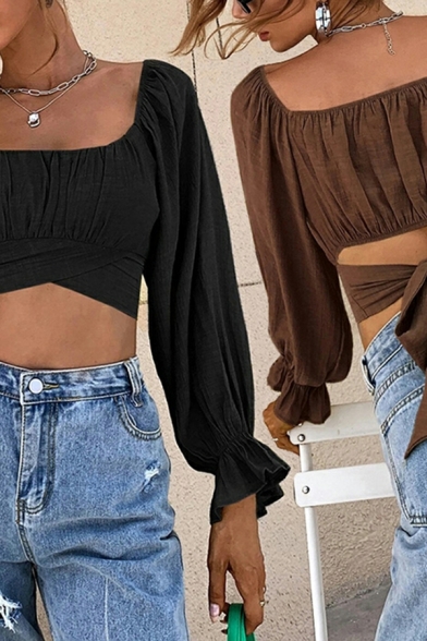 Cozy Women Blouses Whole Colored Square Collar Long-Sleeved Slim Bow Back Crop Blouses