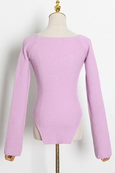 Freestyle Pure Color Square Collar Slimming Long Sleeves Knitted Top for Women
