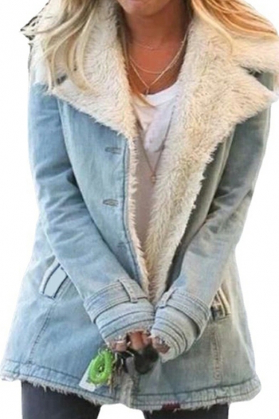 Girls Street Style Control Color Lapel Collar Brushed Long Sleeve Button-up Denim Jacket