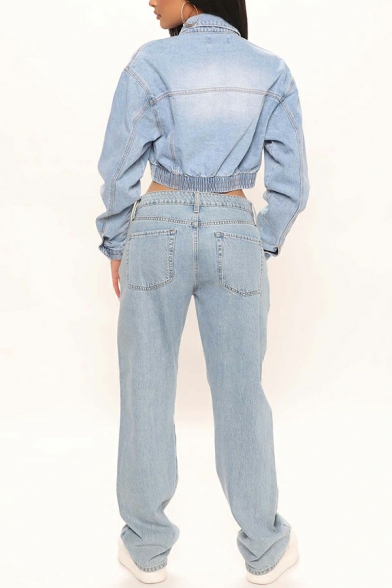Hot Plain Pocket Detail Spread Collar Slimming Long-sleeved Crop Denim Jacket for Girls