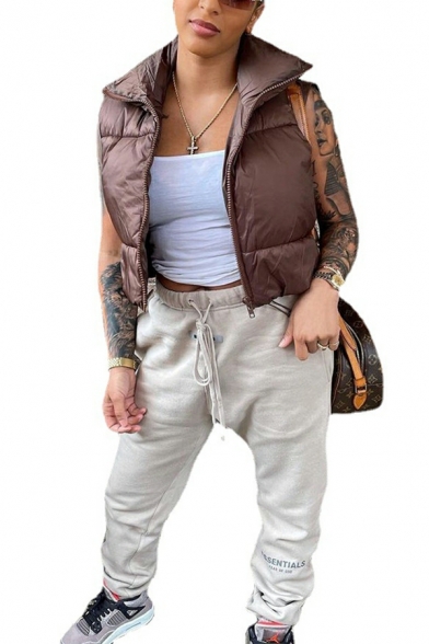 Modern Women Contrast Color Pocket Stand Collar Regular Sleeveless Zip Fly Crop Vest