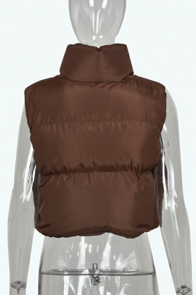 Modern Women Contrast Color Pocket Stand Collar Regular Sleeveless Zip Fly Crop Vest