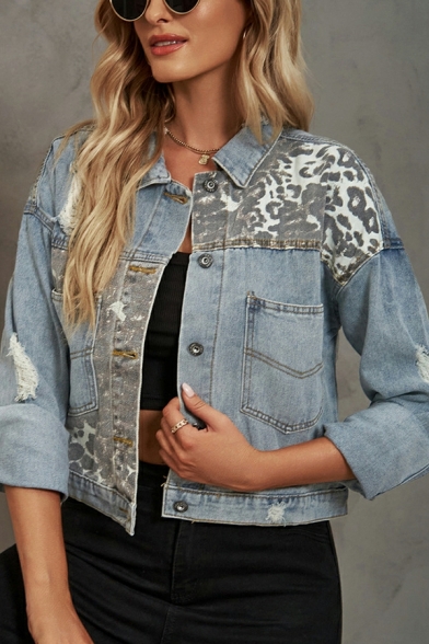 Retro Ladies Jacket Long Sleeve Leopard Print Chest Pocket Spread Collar Denim Jacket