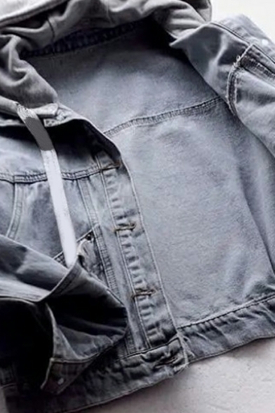 Retro Ladies Long Sleeves Plain Drawstring Chest Pocket Hooded Button Fly Denim Jacket