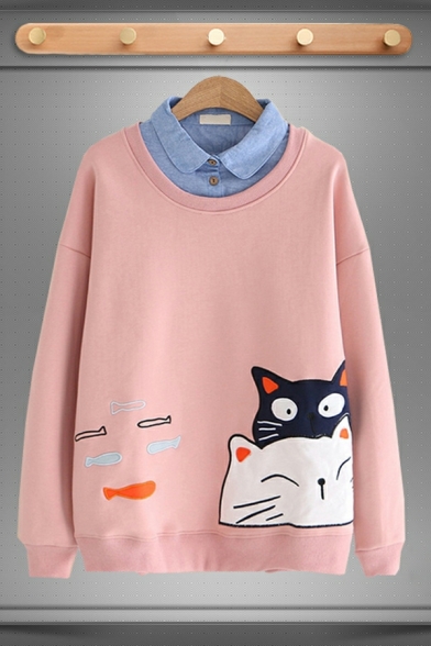 Simple Cartoon Cat Printed Long Sleeve Regular Crew Neck Pullover Sweatshirt for Girls