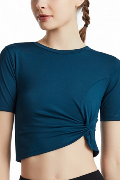 Simple Women Plain Round Collar Short Sleeve Bow Designed Crop Tee Shirt