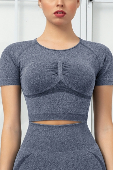 Street Look Women Contrast Line Ruched Short Sleeve Slimming Crop Tee Shirt