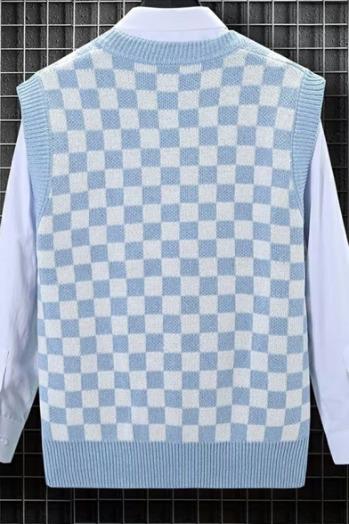 Street Style Boys Checked Print V-Neck Sleeveless Regular Fit Knitted Vest
