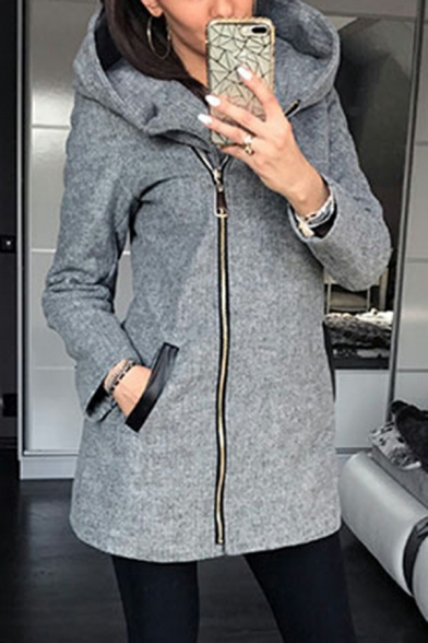 Women Classic Pure Color Pocket Long-Sleeved Hooded Oblique Zip Closure Jacket