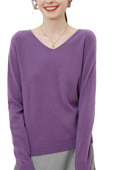 Cool Whole Colored V-neck Long Sleeve Regular Ribbed Hem Knitted Top for Girls