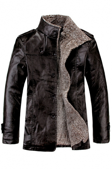Fancy Men Plain Stand Collar Long Sleeve Slimming Button Closure Leather Fur Jacket