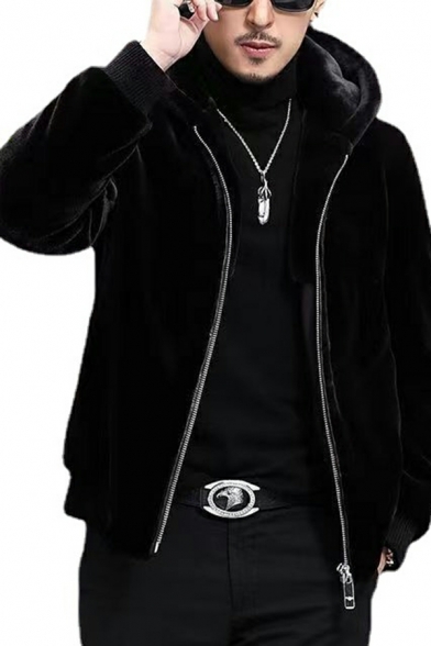 Guy's Novelty Pure Color Regular Fitted Hooded Long Sleeves Zipper Leather Fur Jacket