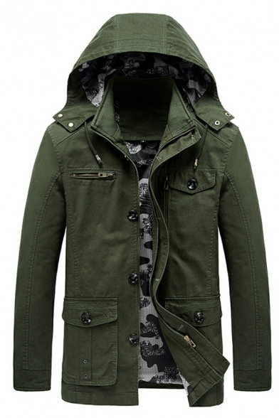 Popular Guys Pure Color Flap Pocket Long Sleeve Hooded Regular Fitted Button Down Coat