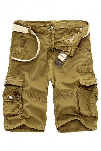 Unique Solid Color Pocket Regular Fit Flap Pocket Mid Waist Zip Fly Shorts for Guys