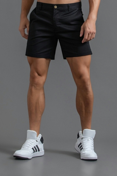 Cool Guys Solid Color Pocket Detailed Mid Waist Skinny Zip Closure Shorts