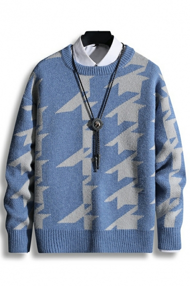 Crew Neck Houndstooth Pattern Long Sleeves Soft Regular Men's Sweater