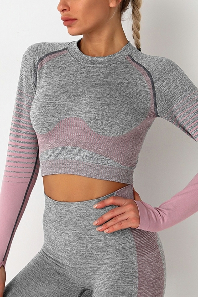 Edgy Striped Print Crew Neck Long Sleeves Slim Fitted Cropped Tee Top for Ladies