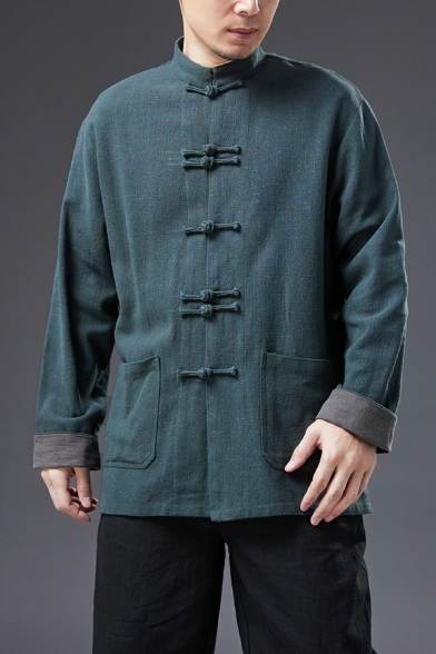 Guy's Boyish Whole Colored Pocket Long Sleeves Regular Button down Jacket