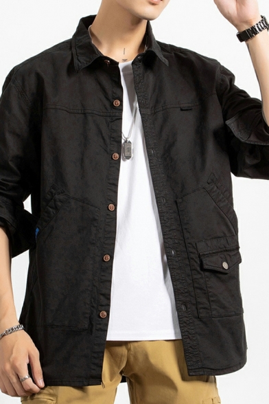 Modern Guys Solid Color Flap Pocket Long Sleeve Turn-down Collar Fitted Button Fly Jacket