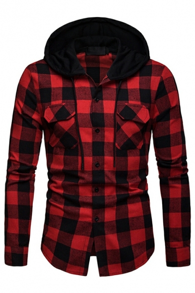 Popular Guy's Checked Pattern Chest Pocket Long Sleeves Hooded Skinny Button Down Jacket