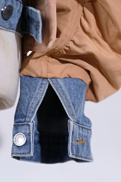 Street Look Girls Contrast Stitching Stand Collar Chest Pocket Button-up Denim Jacket