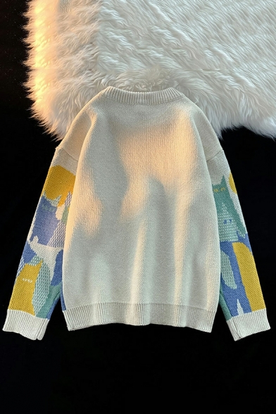 Casual Kitten Pattern Color Block Round Neck Men Sweater Shirt with Full Sleeve