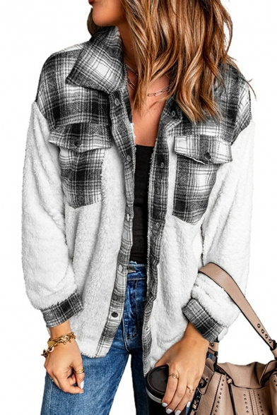 Edgy Ladies Jacket Plaid Pattern Long Sleeve Spread Collar Pocket Button down Jacket