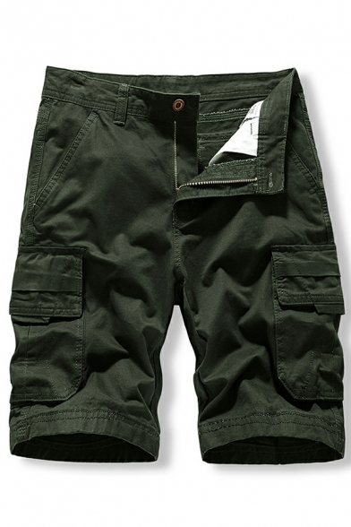 Fashion Guy's Solid Color Flap Pocket Mid Waist Regular Zip Placket Cargo Shorts