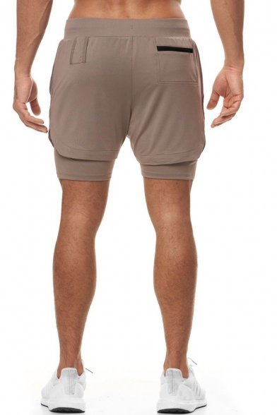 Guy's Modern Plain Pocket Drawstring Waist Regular Fitted Double Layer Shorts
